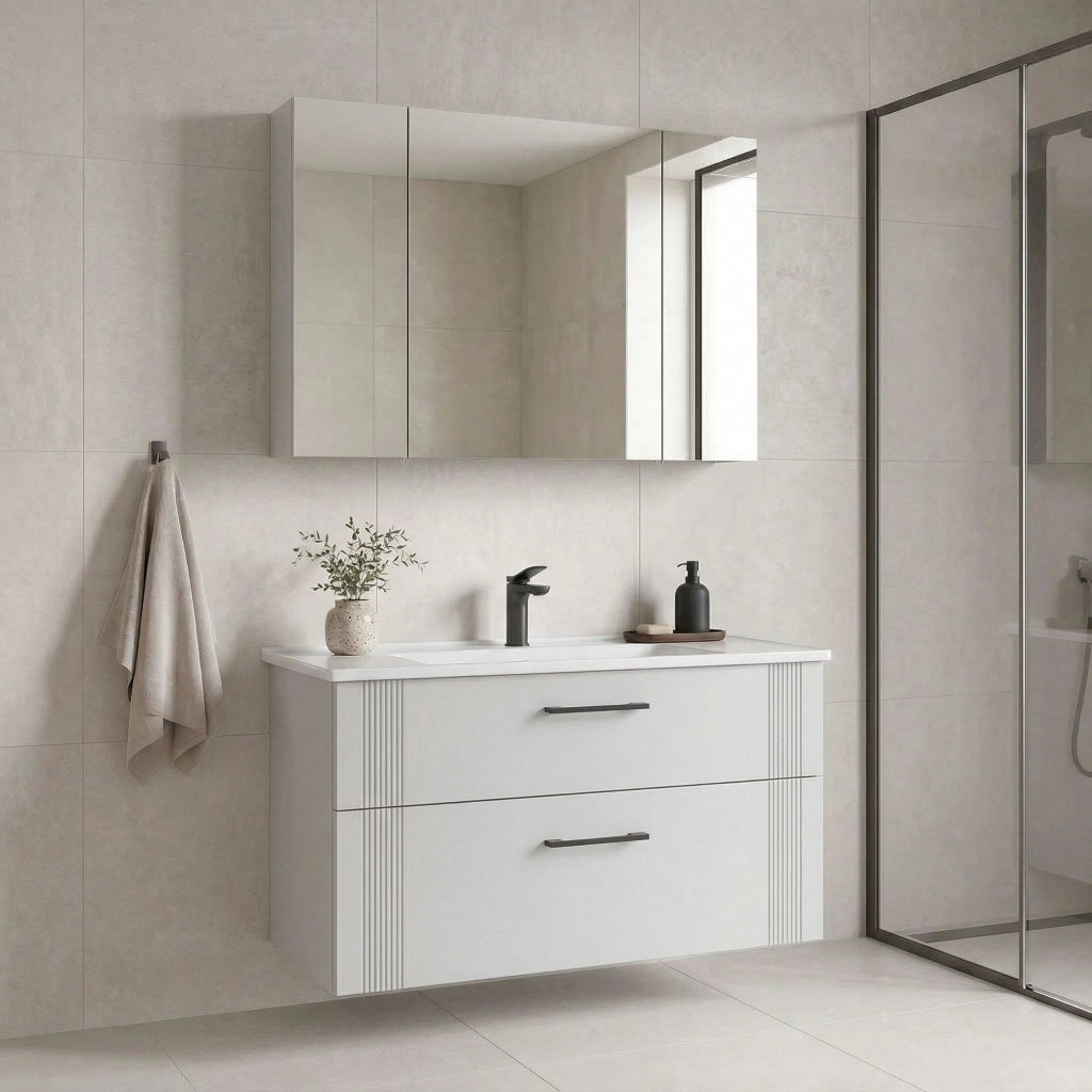 Set mobile lavabo con specchio (2 pezzi) "Bari 100 v2" - 100 x 45 x 55 cm - Bianco opaco