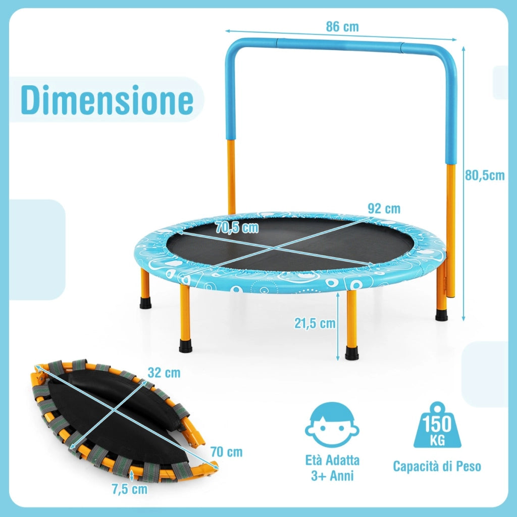 Trampolino per bambini con copertura di sicurezza e maniglia, Tappeto elastico pieghevole 92x92x80,5cm Azzurro-Trampolini