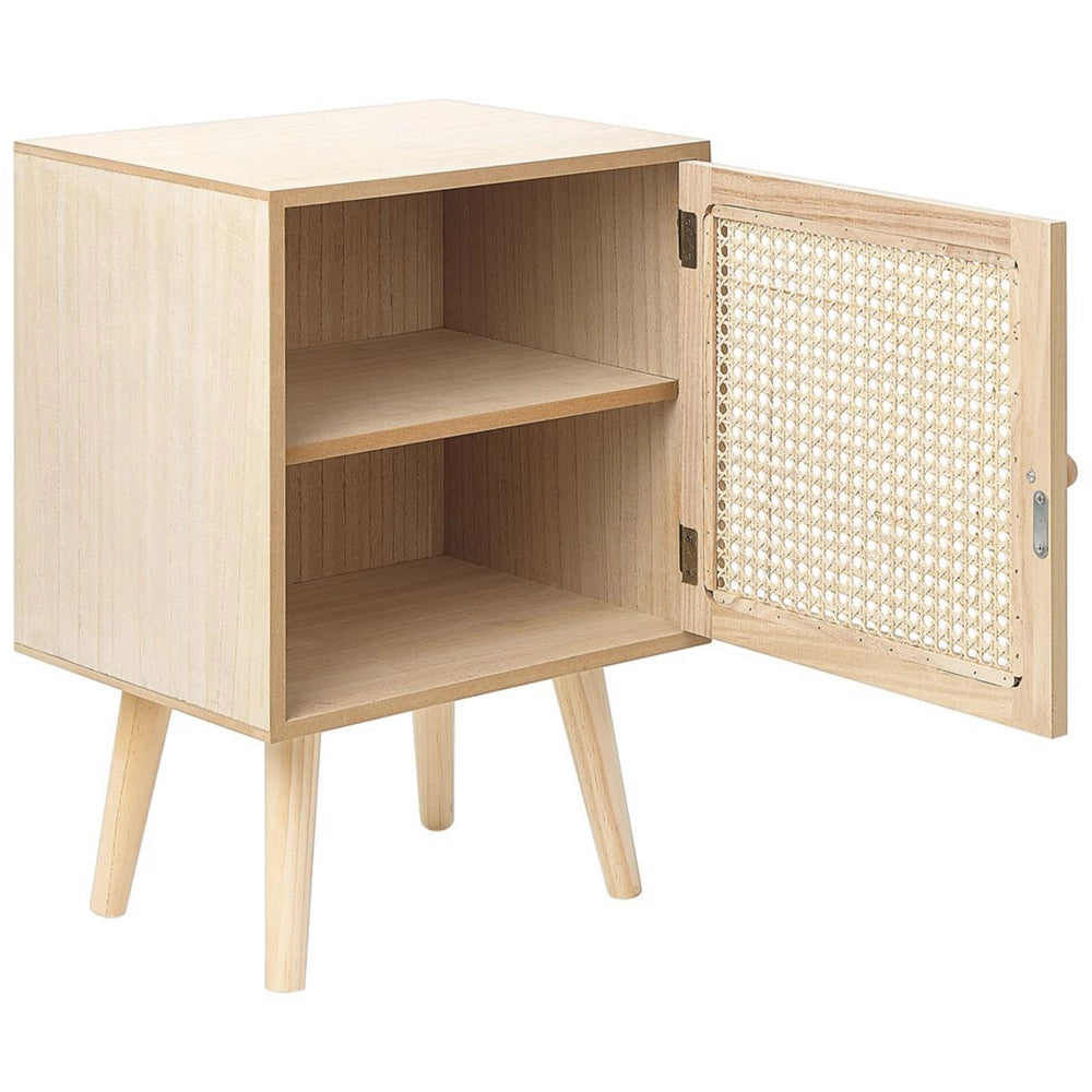 Comodino impiallacciato MDF Paulownia chiaro con cassetto frontale in rattan Comodino in stile Boho
