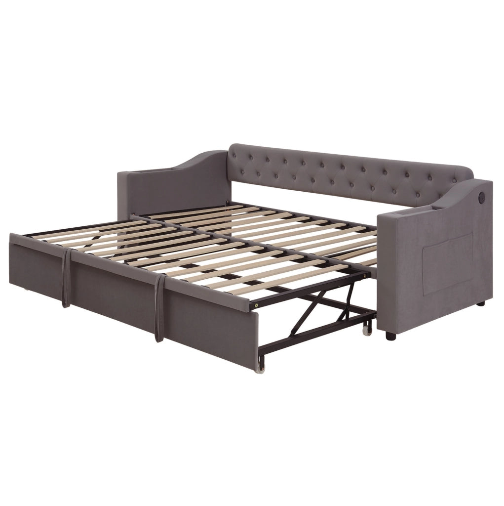 Letto imbottito 90x190 cm grigio in velluto con rete a doghe e USB
