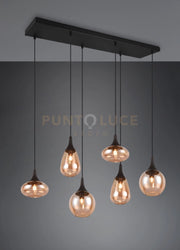 LUMINA SOSPENSIONE RETTANGOLARE METALLO NERO CON 6 DIFFUSORI DI VETRO AMBRA IN FORME DIFFERENTI L. 93,8CM ATTACCO E14