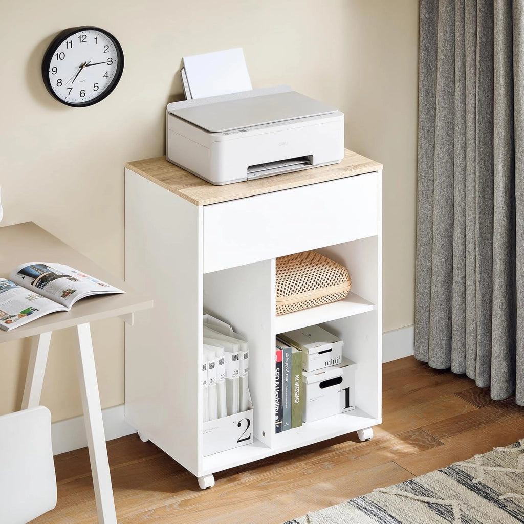 Carrello da ufficio Carrello Portaoggetti con Cassetto Tavolino stampante 63x42x88cm ASK10-WN