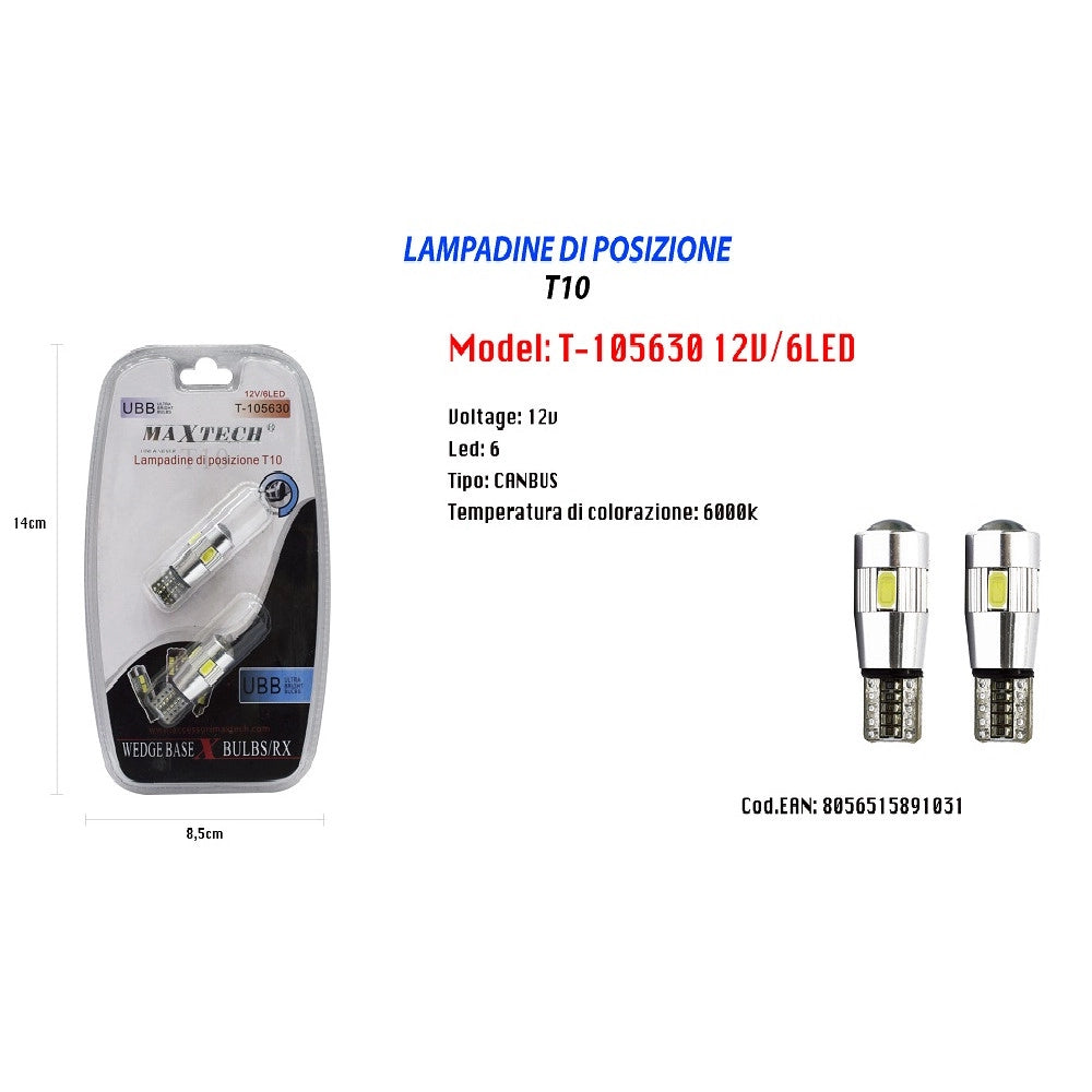 Trade Shop - Lampadine Di Posizione T10 Maxtech T-105630 12v 6led Canbus Lampadine Ultra Luminose -