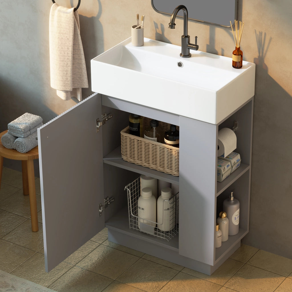 Mobile sottolavabo con lavabo in ceramica anta a chiusura ammortizzata e portarotolo removibile grigio 55 × 32 × 87 cm