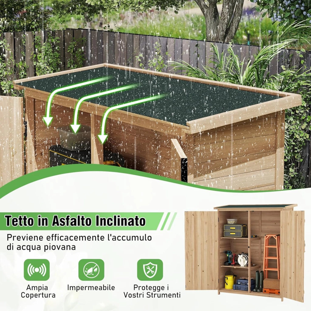 Armadio da Esterno in Legno Massello, Casetta Porta Attrezzi per Esterno con 2 Ripiani Rimovibili, Porte Bloccabili e Tetto Inclinato in Asfalto Impermeabile per Giardino, Cortile e Patio