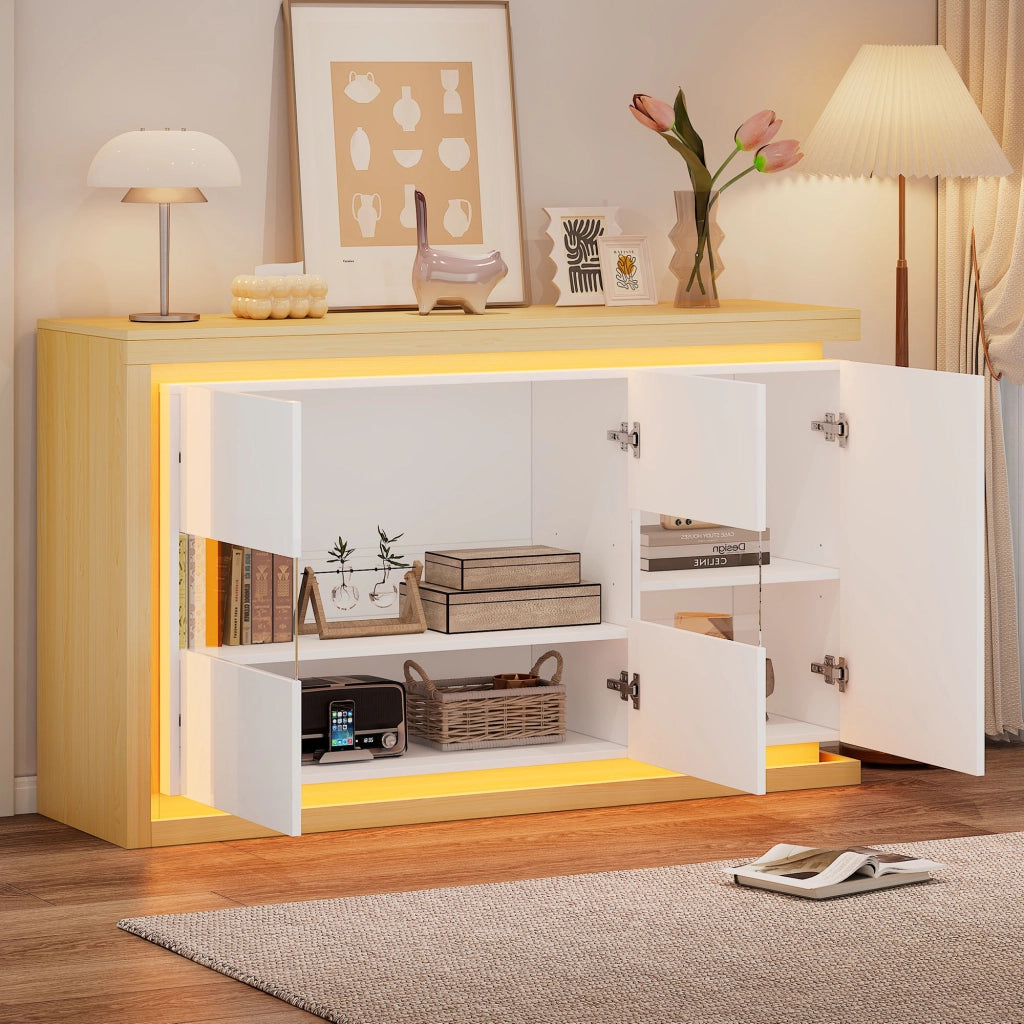Credenza con 3 ante e ripiani regolabili; illuminazione LED per soggiorno ingresso e ufficio 140 x 40 x 84 cm bianco