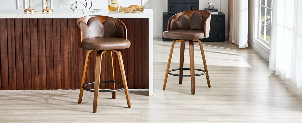 SGABELLO DA BAR con schienale a fiore, 89 cm, legno curvato, PU marrone