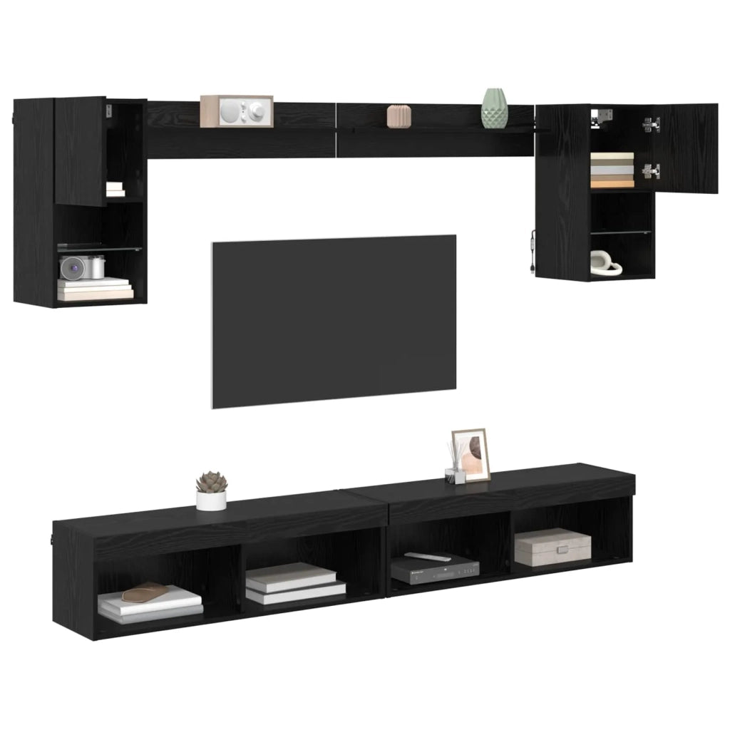 Unità a muro per TV con LED 6 pcs Rovere Nero Legno multistrato