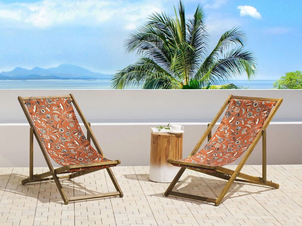 Set di 2 sedie a sdraio da giardino con struttura in legno di acacia chiaro con motivo floreale in tessuto amaca sedile reclinabile