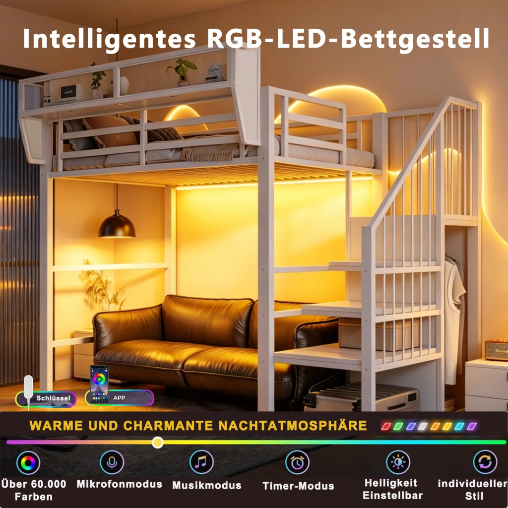 Letto a soppalco 90 × 200 cm con LED, scala di sicurezza e ripiani regolabili, senza materasso, in metallo bianco
