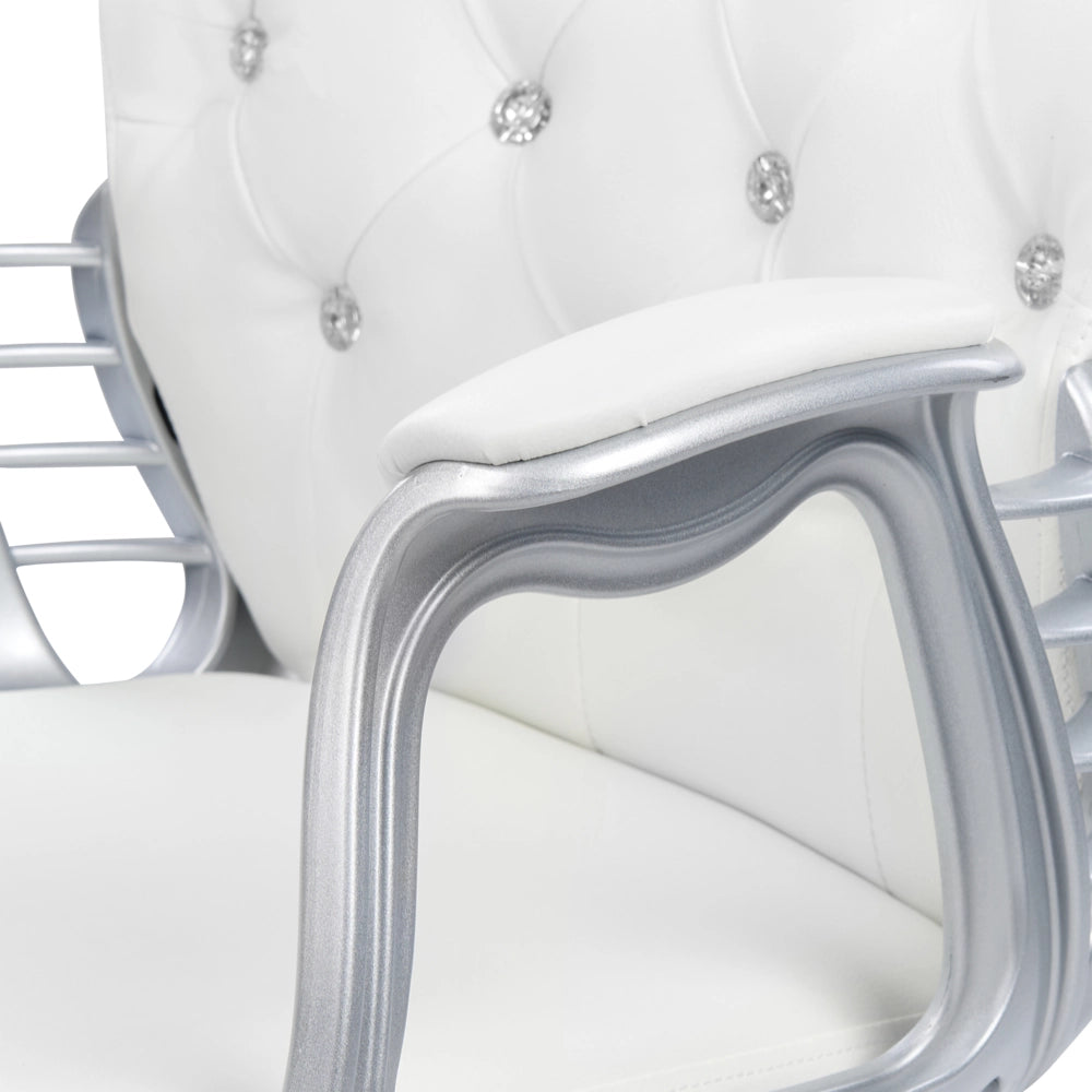 Sedia da ufficio in pelle sintetica bianco con cristalli e altezza regolabile e schienale trapuntato stile retrò moderno