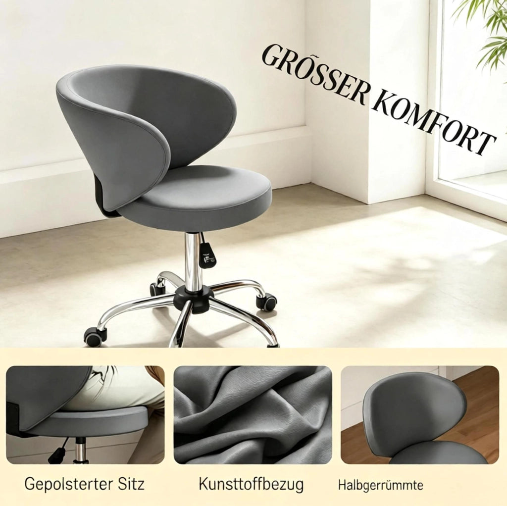 Sgabello girevole in PU grigio con schienale e ruote