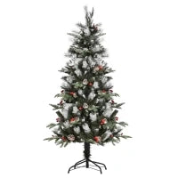 Albero di Natale Innevato 150cm con Bacche Rosse e Pigne Bianche, Base Rimovibile Pieghevole, 440 Rami, Verde