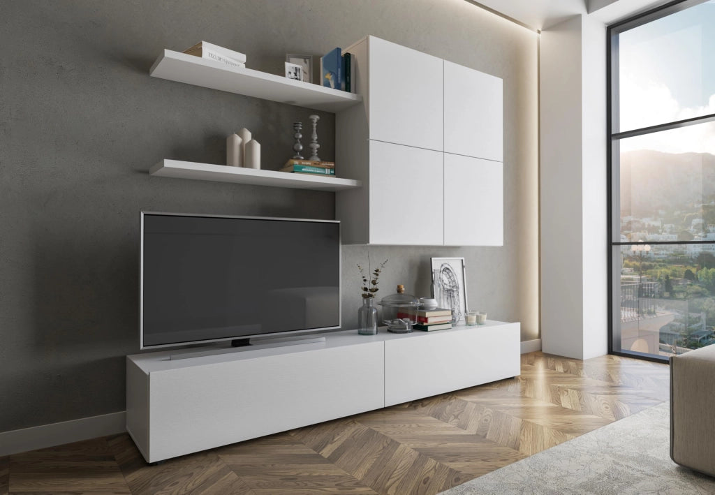 Parete Attrezzata Soggiorno Moderna Con Base TV Due Ante Pensile Quattro Ante E Due Mensole In Melaminico Facile Da Pulire Design Contemporaneo 200 X 194 X 40 Cm Bianco Effetto Legno