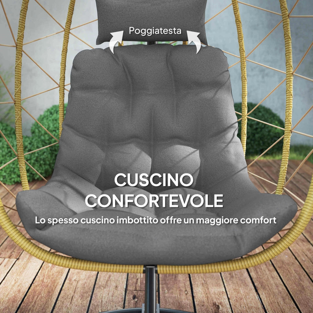 Poltrona Sospesa e Pieghevole con Cuscini, in Acciaio e Rattan PE, 102x102x195 cm, Nera Grigia e Beige