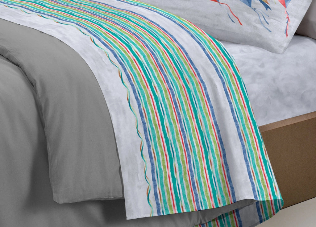 Completo Lenzuola Letto Pensieri Delicati 100% Cotone Dis. Aquiloni - Singolo - Grigio