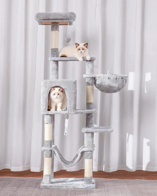 Palo per gatti - Stabile scala per gatti con lettino e cesta - 154 cm - Grigio chiaro