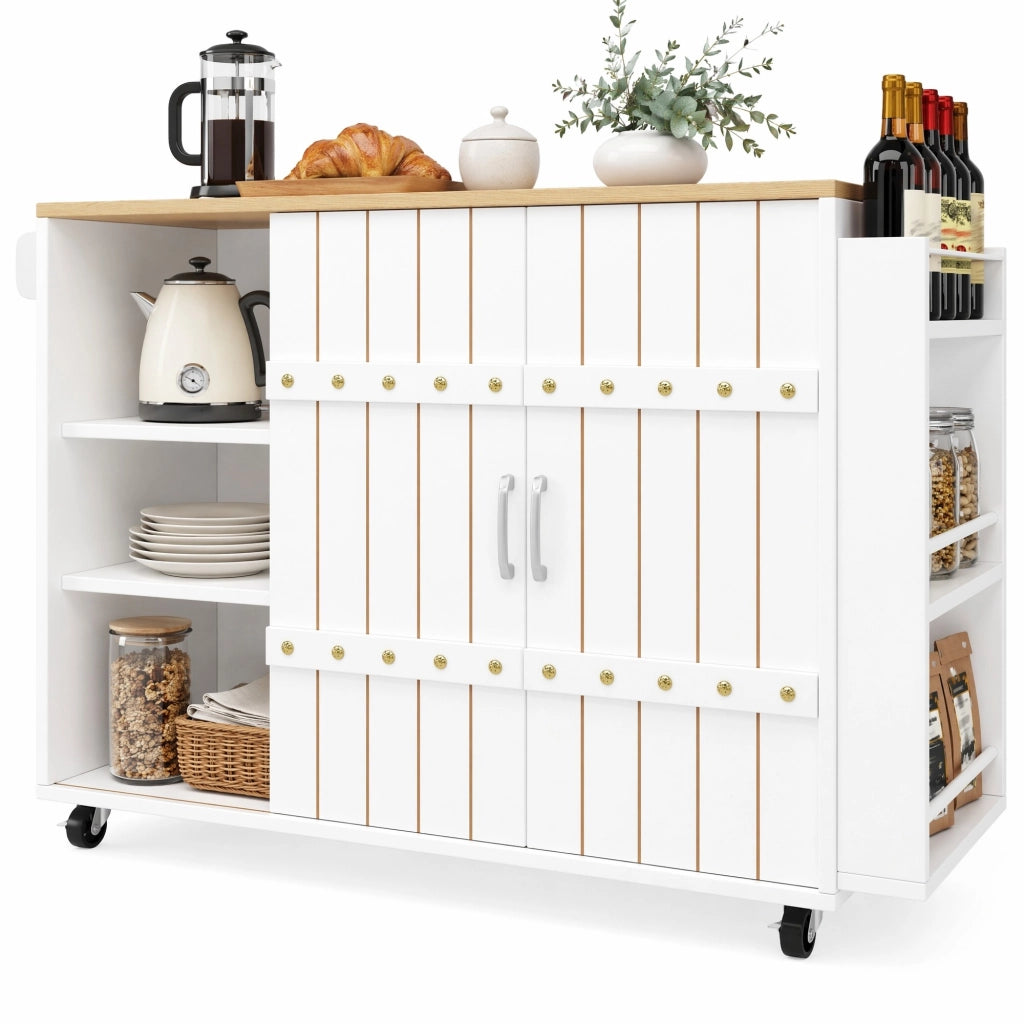 Isola cucina con piano ribaltabile, carrello cucina bianco con ante scorrevoli, cassetti e ruote