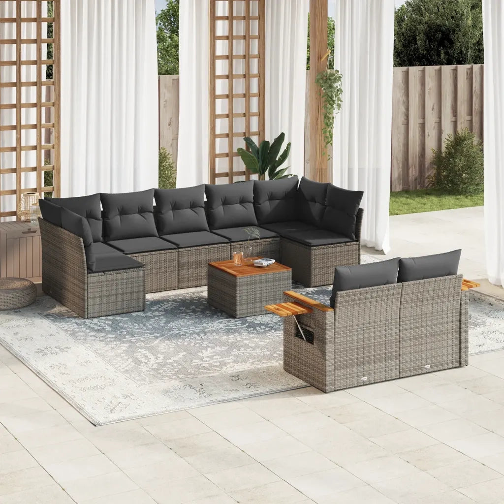 Set Divano da Giardino 10 pz con Cuscini Grigio in Polyrattan