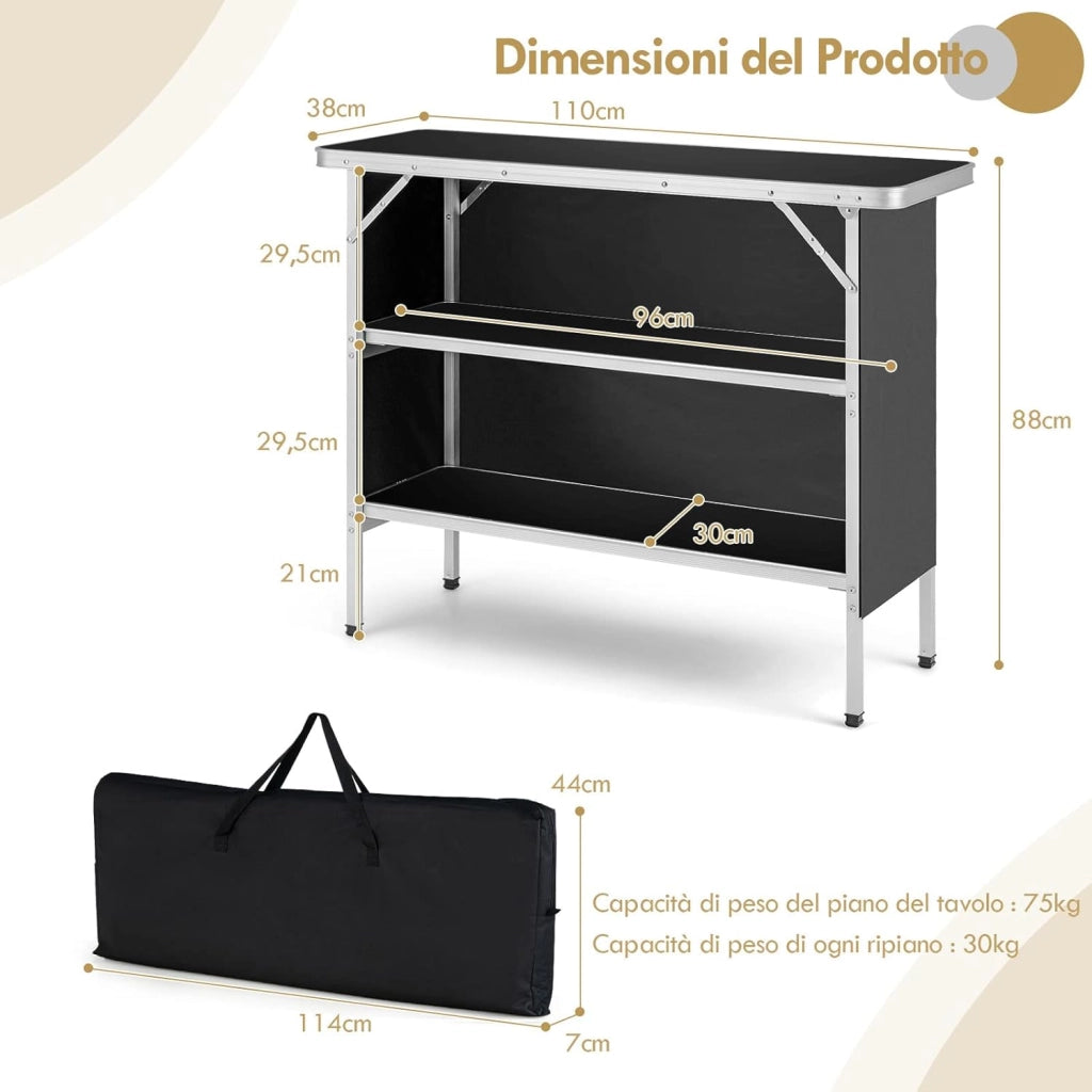 Cucina da Campeggio Pieghevole con Telaio in Alluminio, Mobile da Campeggio con 3 Ripiani e Borsa per Trasporto, Cucina da Esterno per Attività all'Aperto, Picnic e Barbecue (Nero)