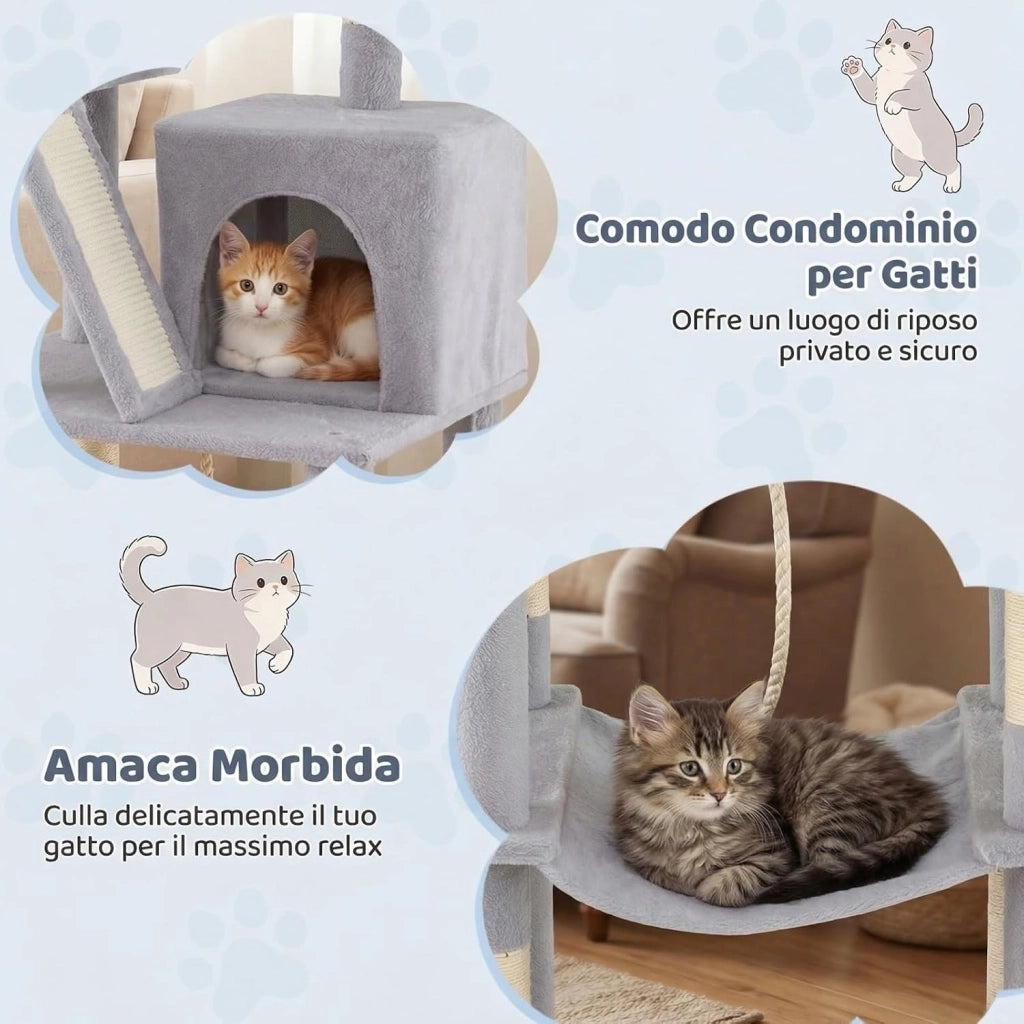 Albero per Gatti Alto 158 cm, Albero Tiragraffi con Trespolo di Peluche, Grotta, Amaca, Tiragraffi in Sisal, Rampa, Corda Appesa e Pallina Pendenti, Centro Attività per Gattini (Grigio Chiaro)