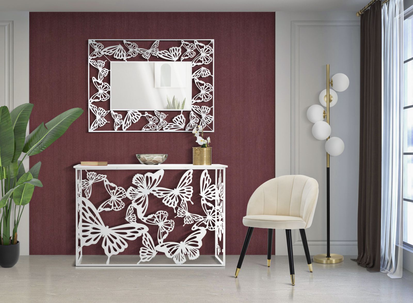Console Bianco Butterfly 121,5x41x81 cm in Ferro MDF e Specchio Bianco e Oro