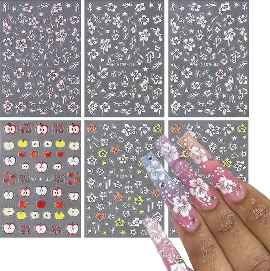 Stickers per unghie a forma di fiore - 6 fogli 5D disegno hibiscus con adesivo self-attacco
