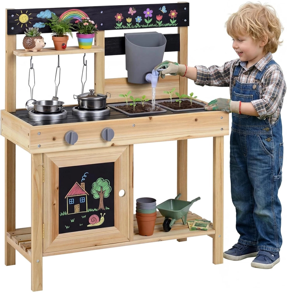 Cucina Giocattolo da Esterno per Bambini in Legno, Cucinetta per Giocare Sabbia, Gioco Montessori con Lavagne, Lavandini, Serbatoio d'Acqua e Utensili e Ampio Spazio di Stoccaggio