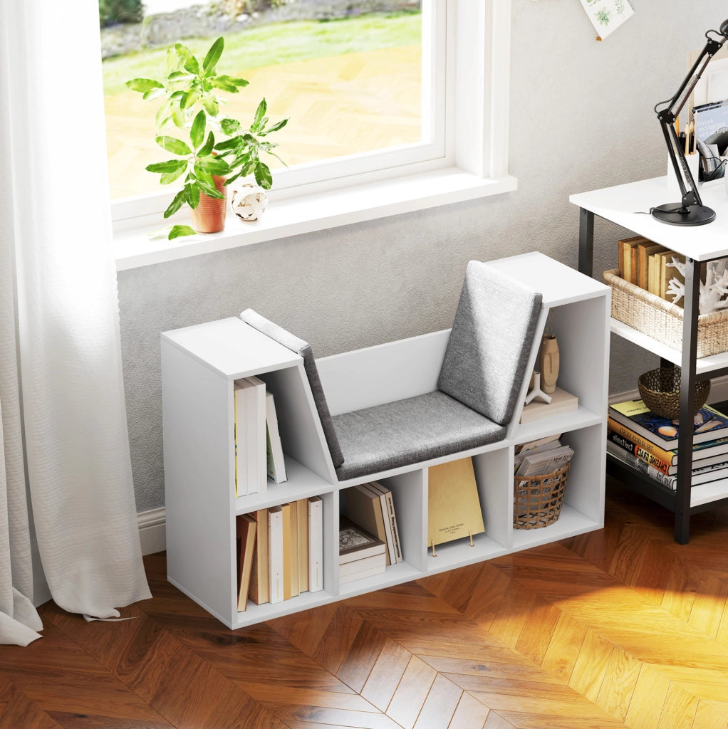Libreria con seduta imbottita e 6 vani, bianca, 105x30x63 cm