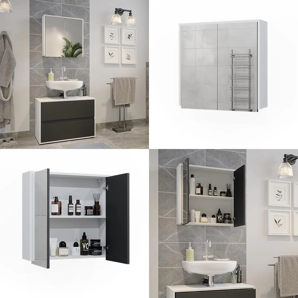 Specchio contenitore bagno Maltin, Bianco/antracite, 60 x 58 cm con due porte a specchio, con ritaglio per sifone e soluzione salvaspazio per il bagno