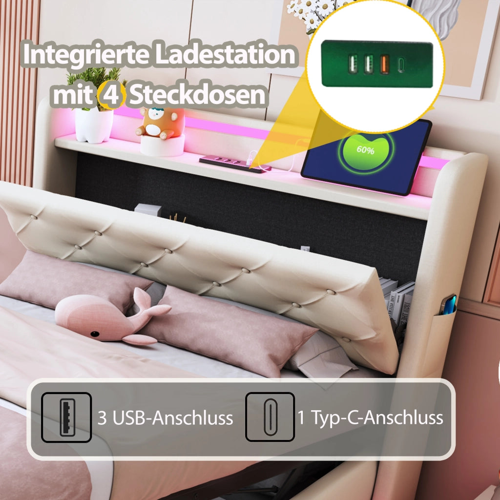 Letto singolo 90×200 cm con contenitore; testiera apribile; LED; USB e Type-C; senza materasso; lino; beige