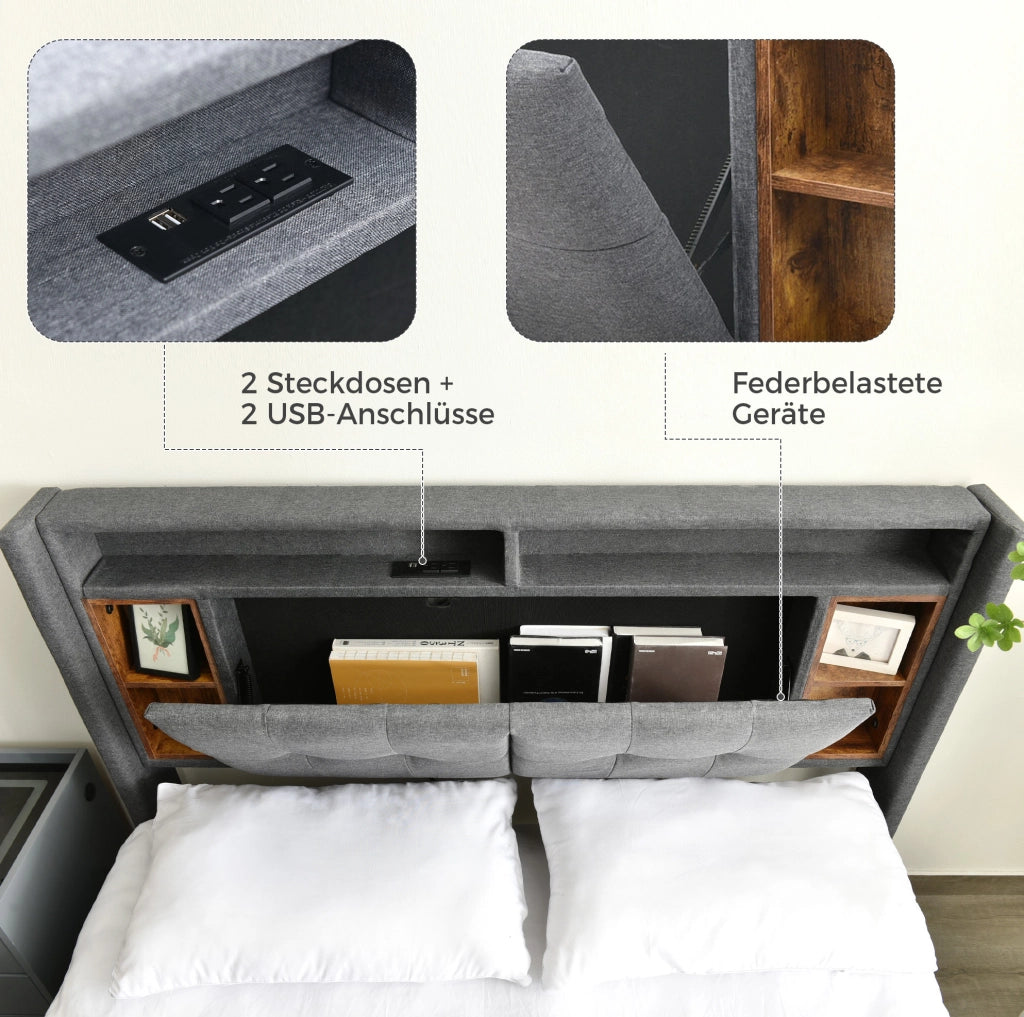 Letto matrimoniale 140x200 cm grigio con testiera contenitore; LED; prese USB e materasso