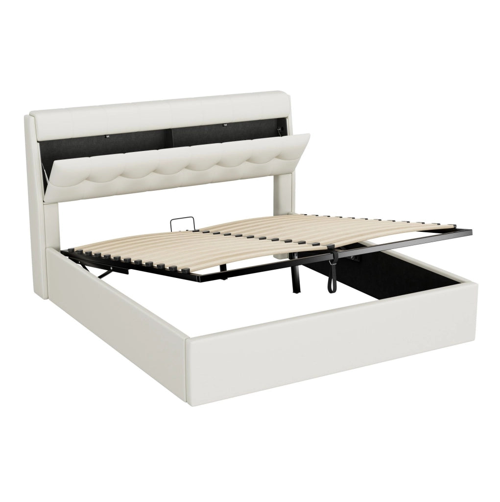 Letto imbottito 160x200 con contenitore idraulico; testiera con vano nascosto; PU bianco