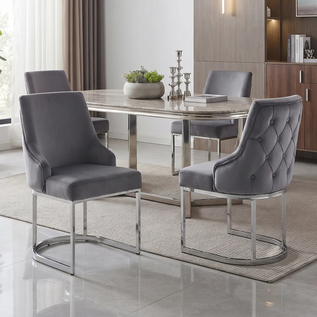 Set di 2 sedie da pranzo in velluto grigio e metallo argentato, schienale trapuntato, stile moderno