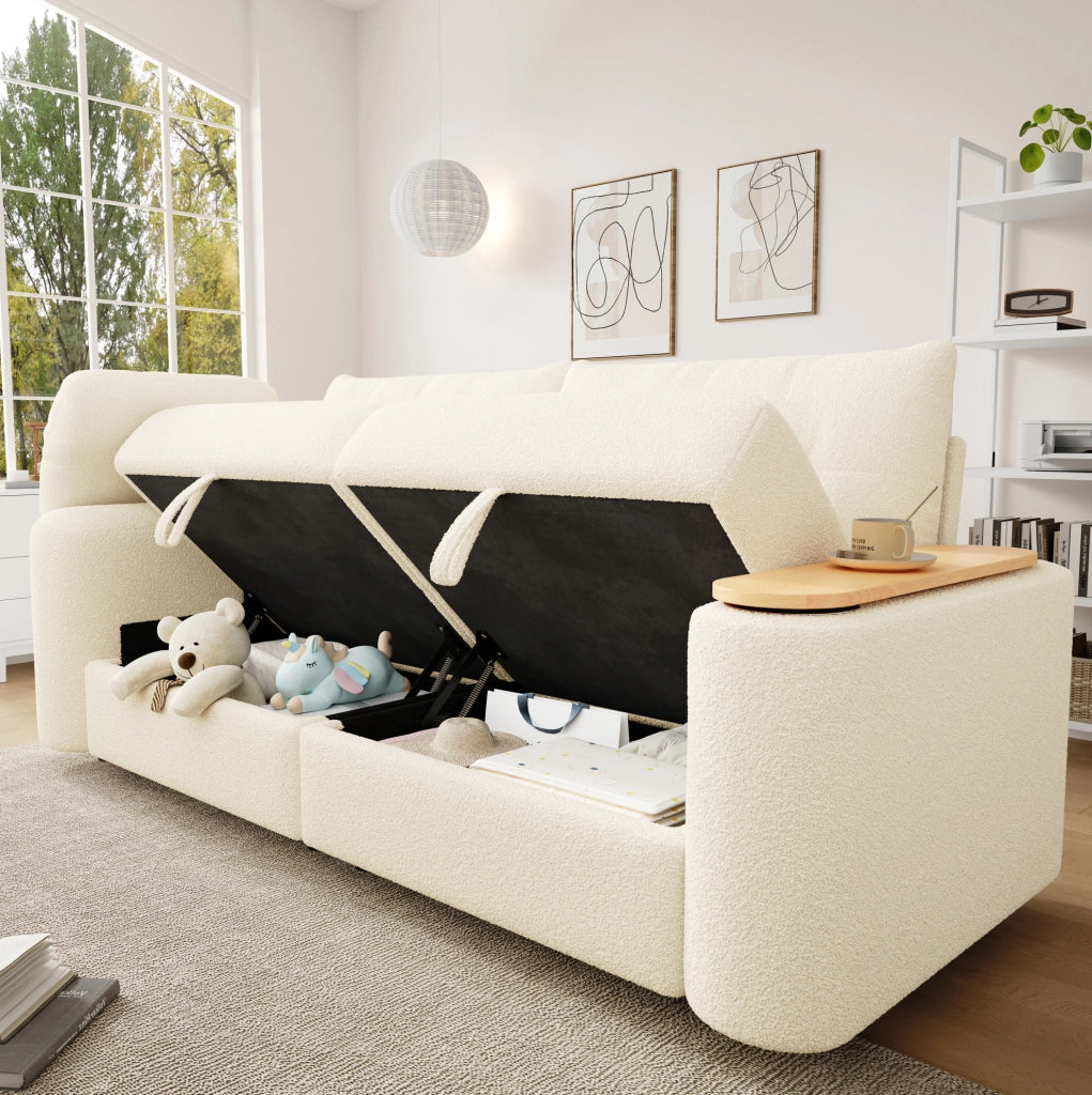 Divano modulare 2 posti in teddy beige con contenitore e tavolino