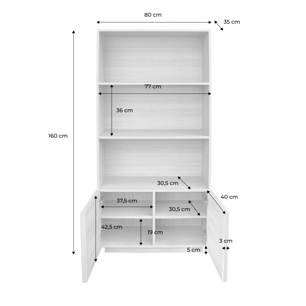 Libreria effetto legno con 2 ante a 5 livelli, marrone naturale