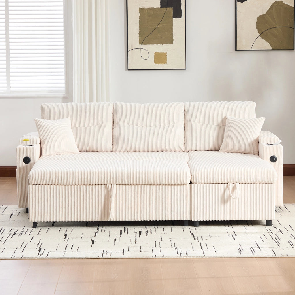 Divano modulare convertibile con letto estraibile chaise longue idraulica porta usb tipo c e vano in velluto beige