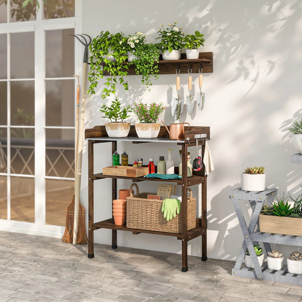 Tavolo da Giardino con Ripiani e Ganchi ¨C Zephmum ¨C Legno e Metallo Carbonizzato 76x37x89 cm
