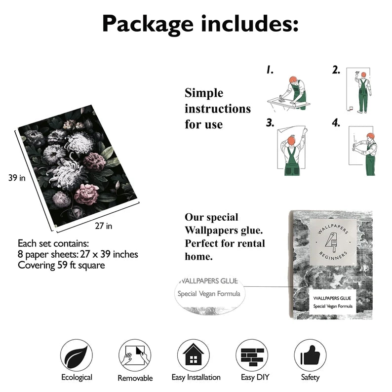 Carta da Parati Floreale Scura Carta Vegana 250x200cm 5,5mq 
