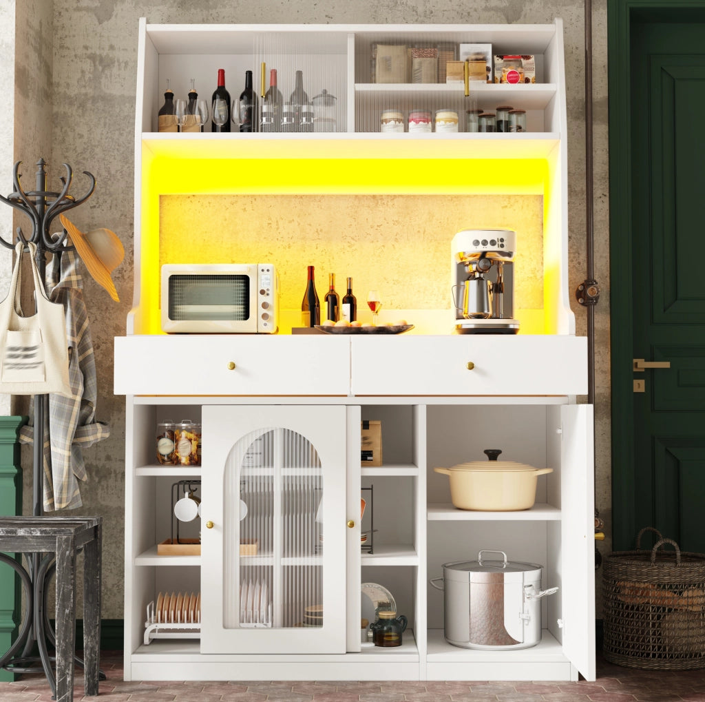 Credenza alta 120x40x180 cm con LED da app; ripiani regolabili e cassetti in MDF e PB bianco
