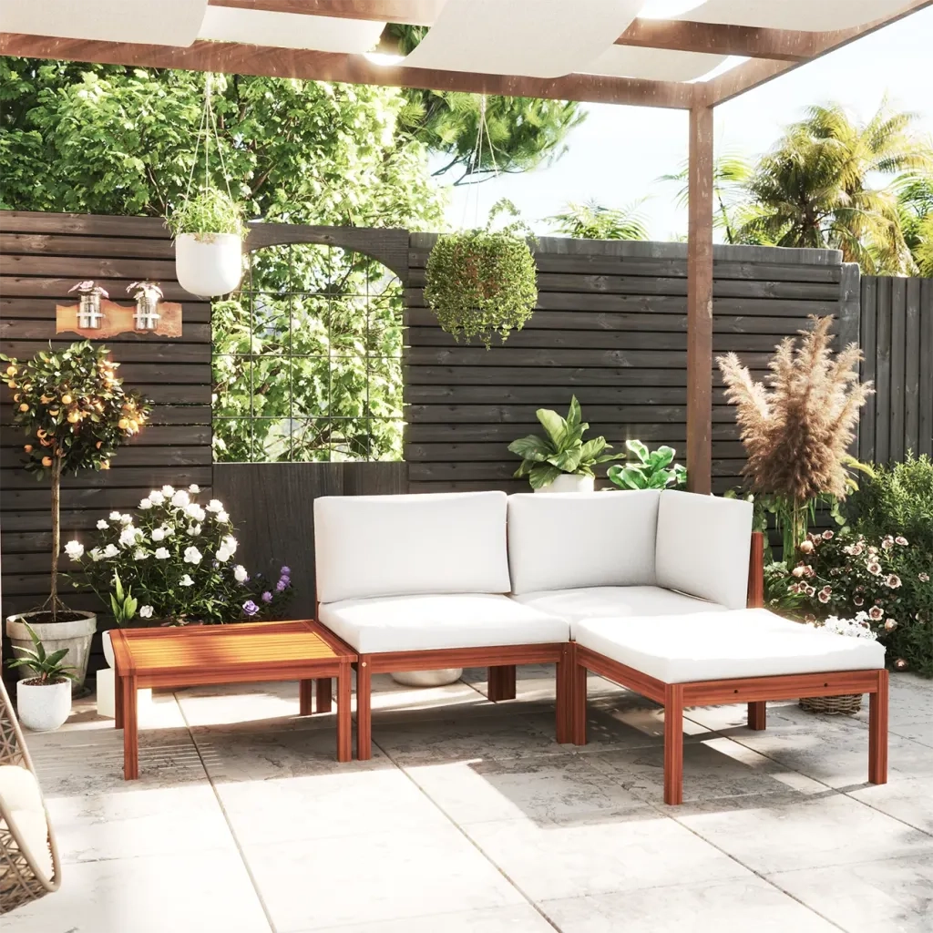 Set Divani da Giardino 4 pz con Cuscini Crema Massello Acacia cod mxl 41686