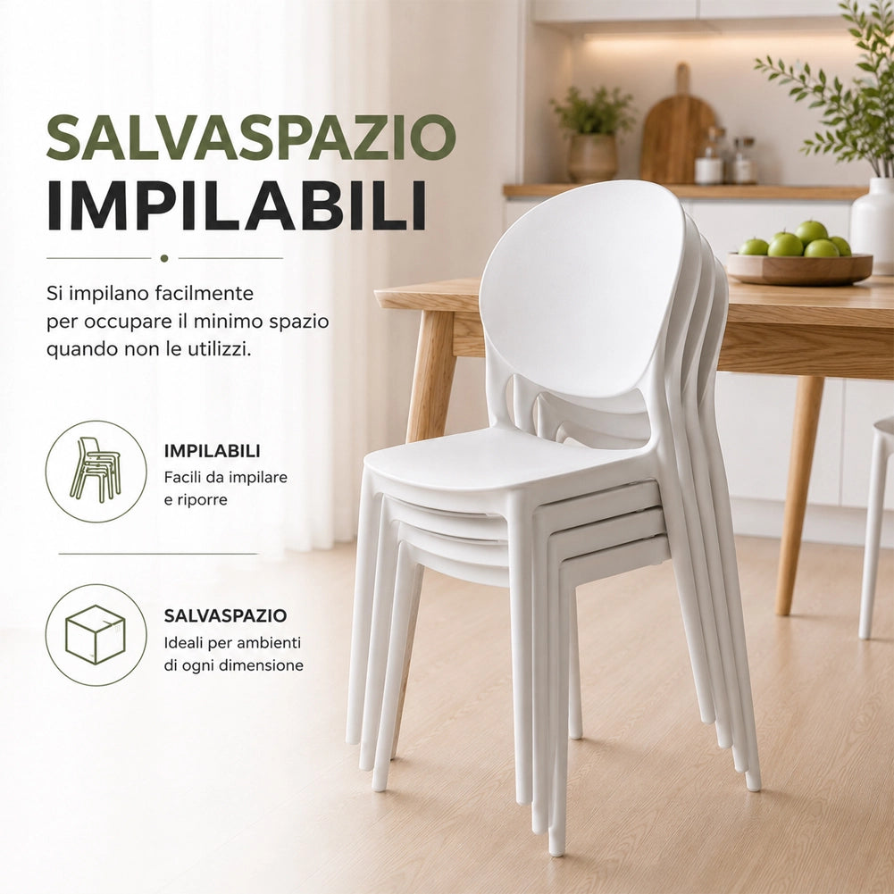 Set 4 Sedie da Pranzo Impilabili in Polipropilene Modello Milano 48x40x80 cm