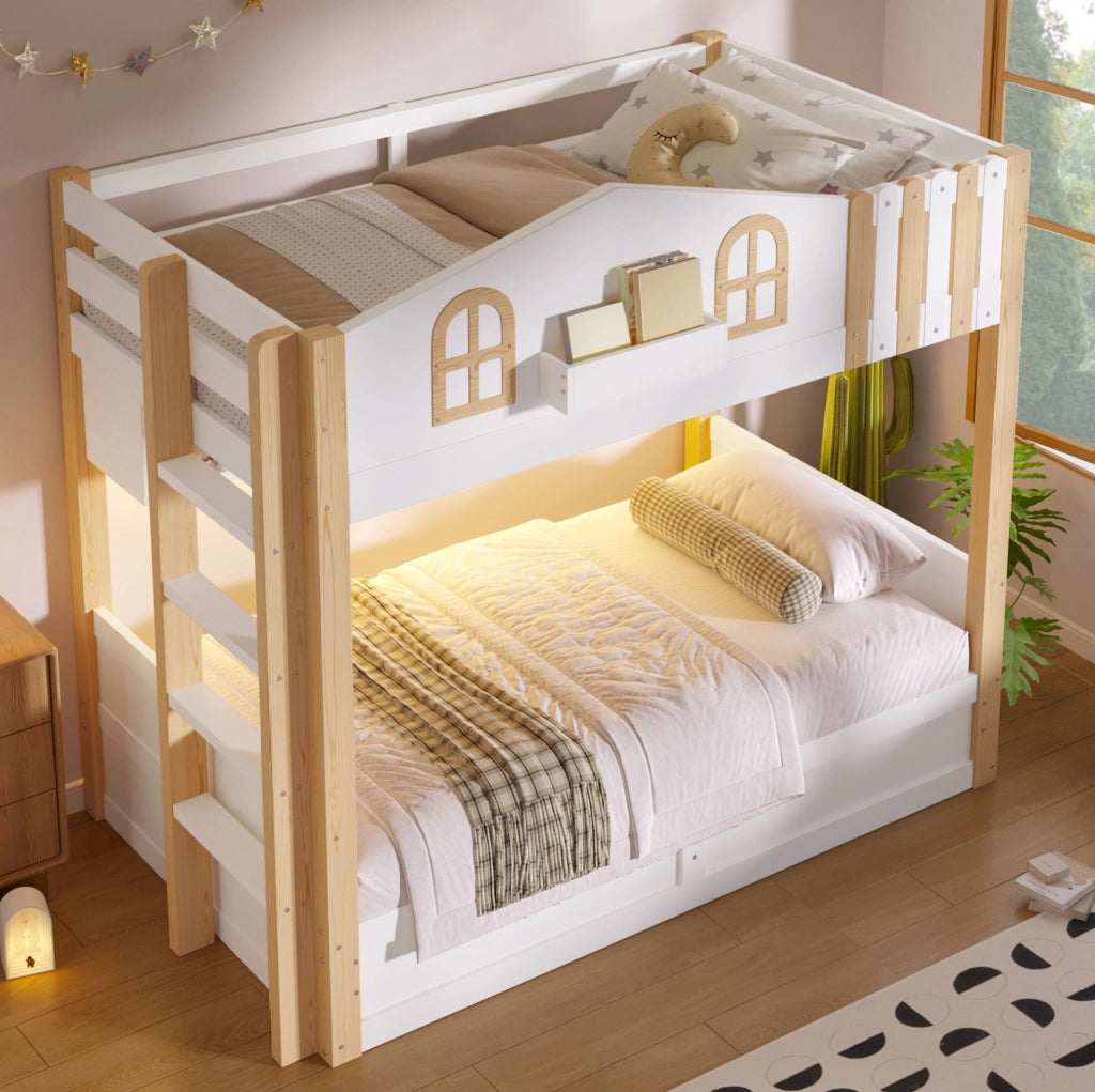 Letto a castello 90x200 cm a casetta con vano idraulico; LED e ripiani; bianco e rovere