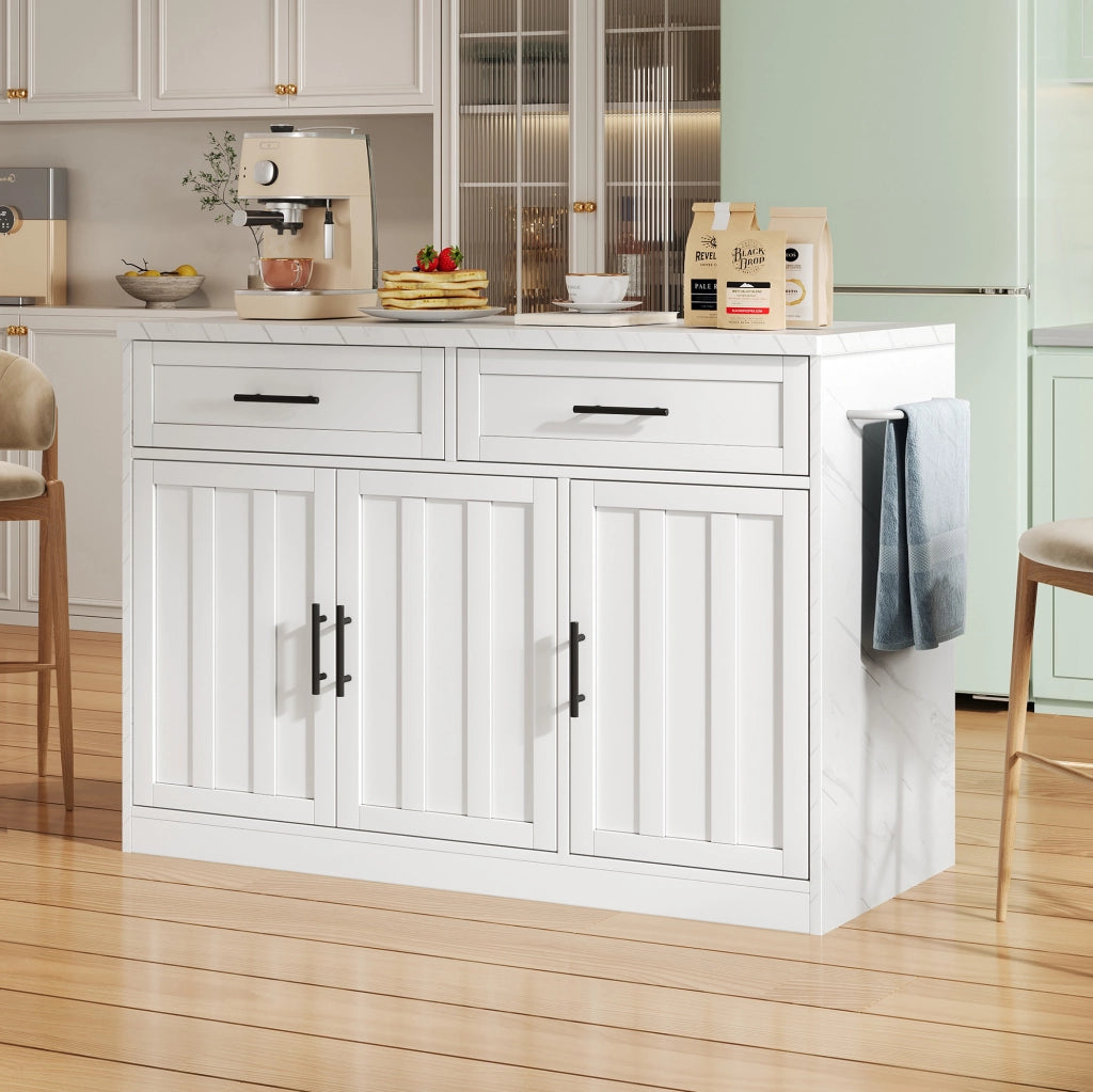 Isola da cucina 120x60x91 cm con zona bar; ripiani regolabili in MDF bianco