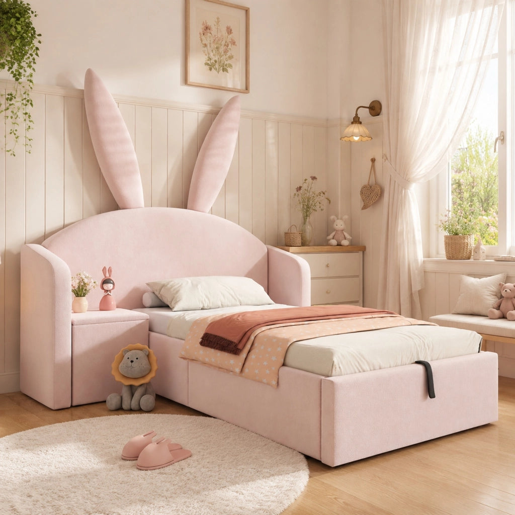 Letto imbottito 90x200 cm rosa con testiera a orecchie di coniglio, comodino contenitore e rete