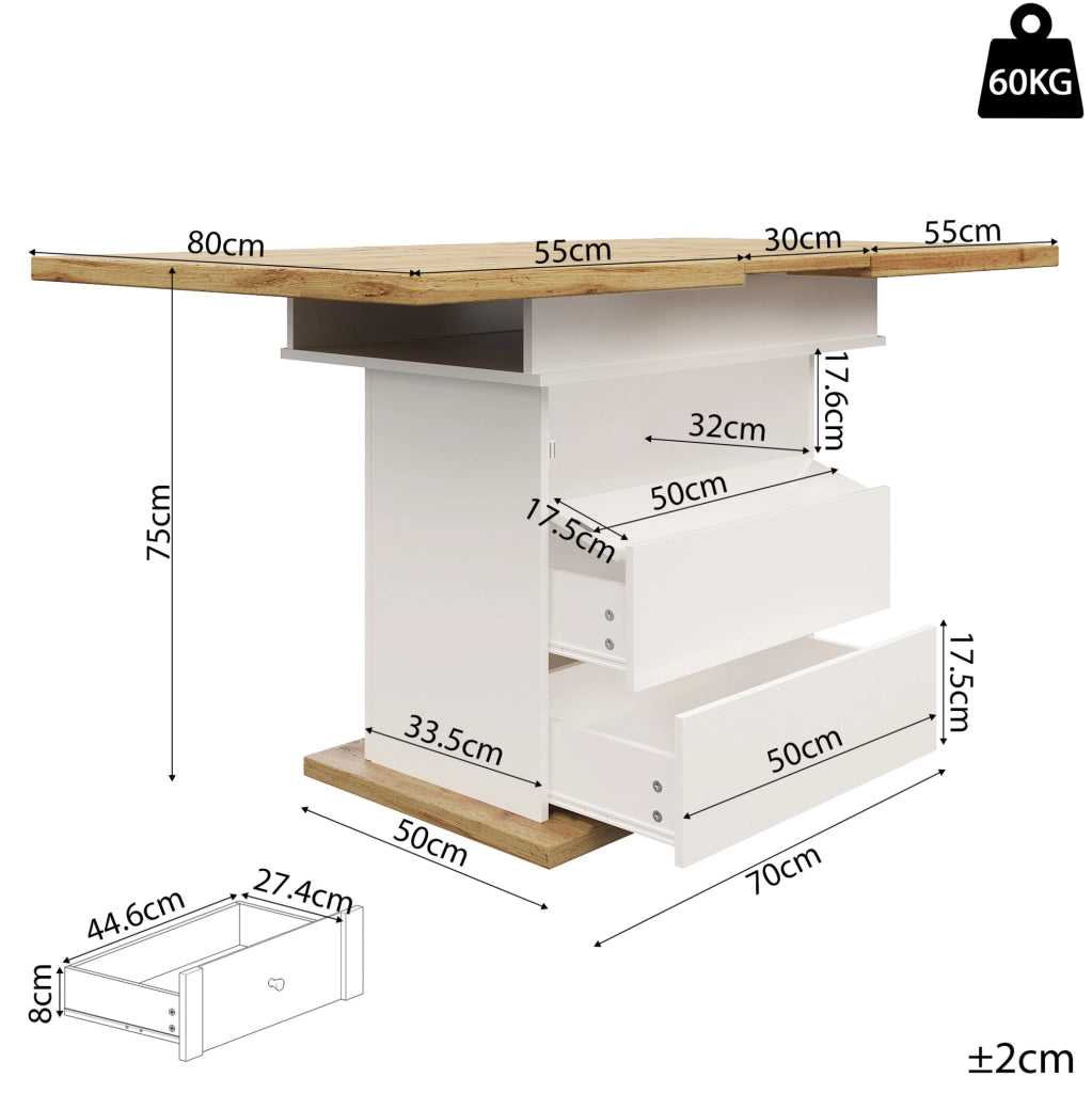 Tavolo da pranzo allungabile 110-140x80x75 cm con vano contenitore; MDF; bianco e naturale
