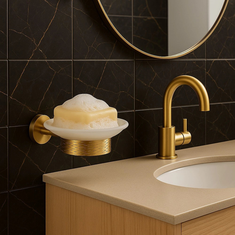 Trade Shop - Porta Sapone In Acciaio Oro Con Piattino Vetro Satinato Accessorio Da Bagno 87927 -