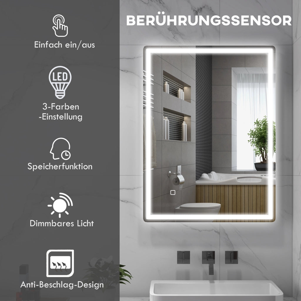 SPECCHIO LED Rettangolare 60 x 80 cm in vetro Silver con funzione antiappannamento