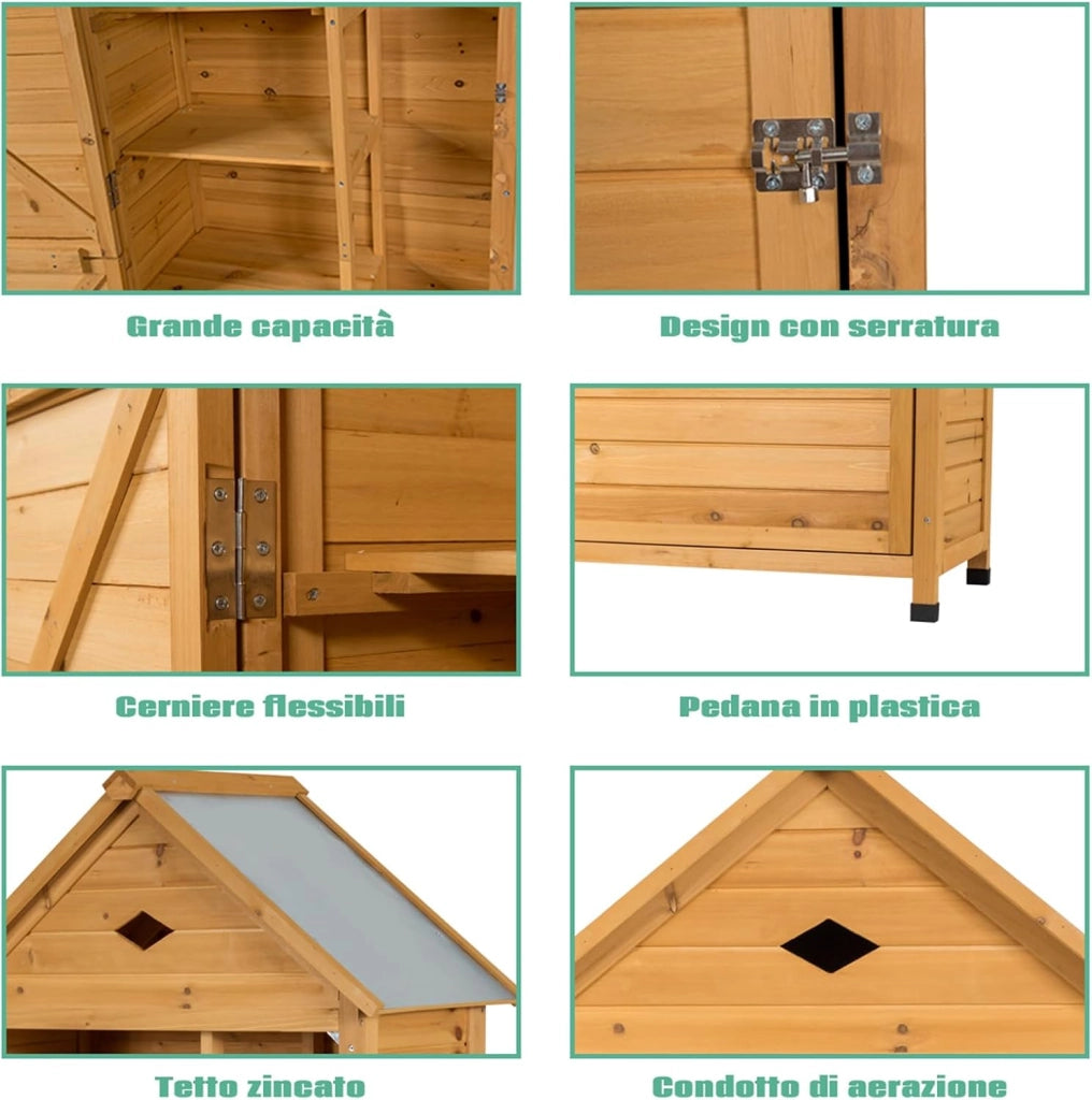 Armadio da Esterno, Casetta da Giardino in Legno con Tetto Galvanizzato Impermeabile, Mensole e Chiusura a Chiave, Ripostiglio da Balcone, Cortile e Giardino (80 x 45 x 177 cm)
