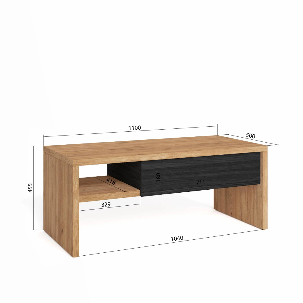 Tavolino Sollevabile Basso, 110x45x50cm, Tavolino da Caffè, colore Rovere e nero RF3696